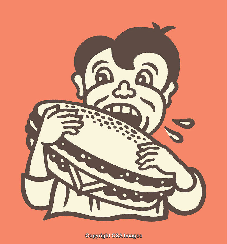 Retro Illustration of Hungry Character Biting Into a Large Burger