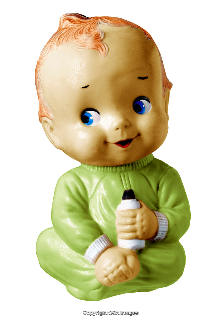 Vintage Toy Baby Holding Bottle Sitting in Green Outfit