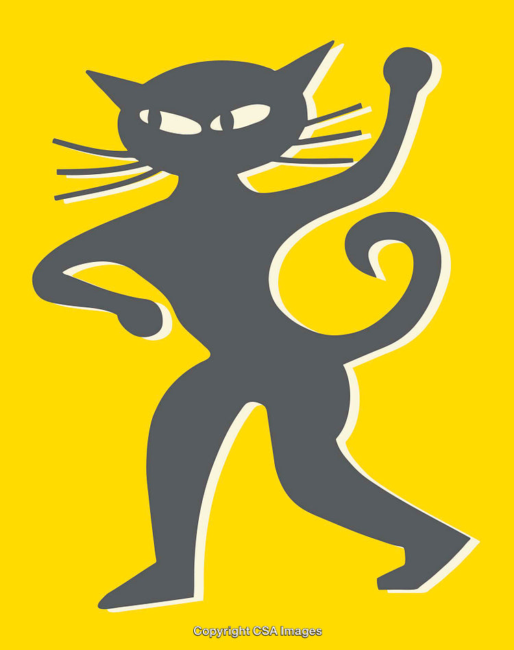 Stylized Line Art Illustration of a Cat on Bright Yellow Background