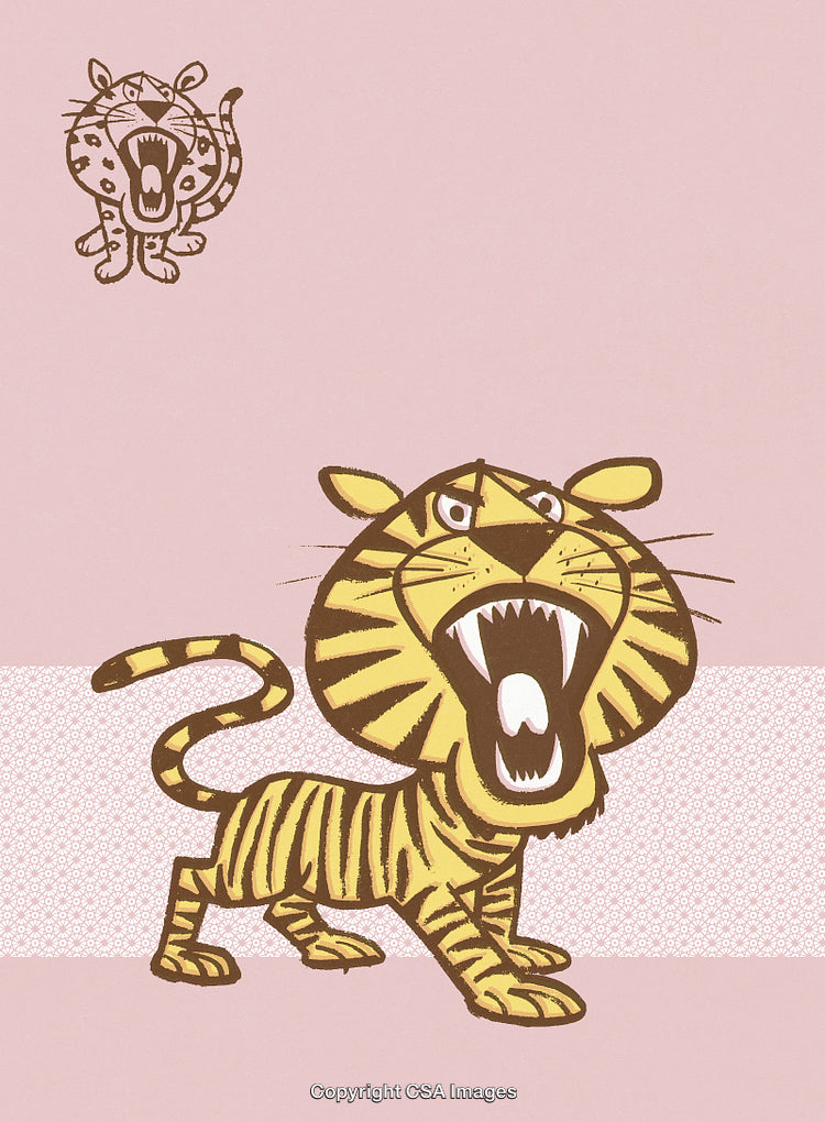 Playful Cartoon Tiger Illustration With Roaring Face On a Pink Background