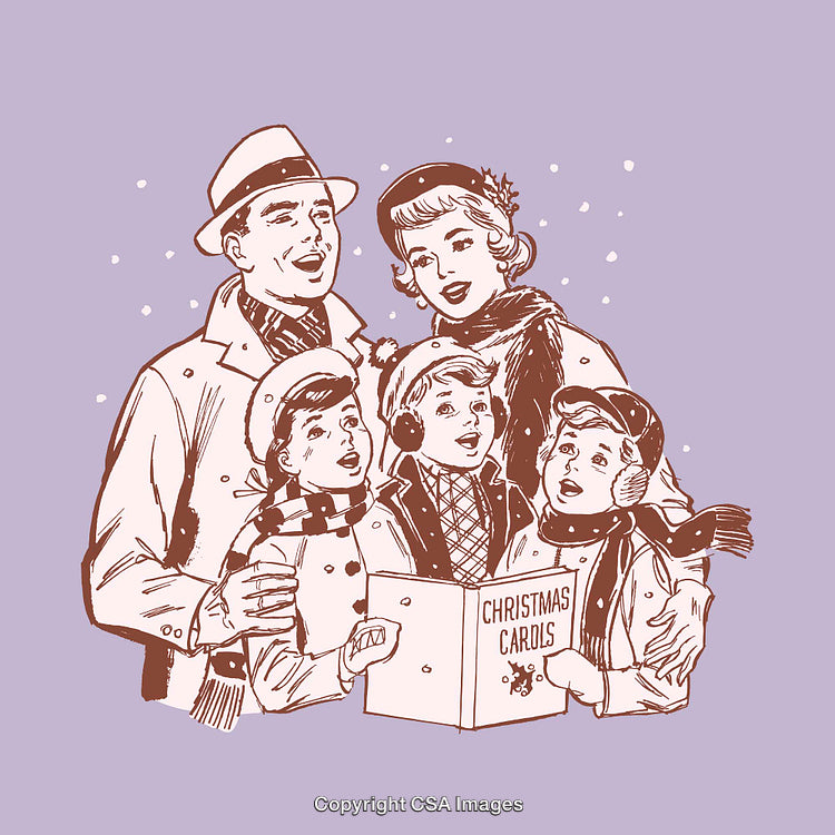 Vintage Family Singing Christmas Carols in Festive Winter Evening Scene