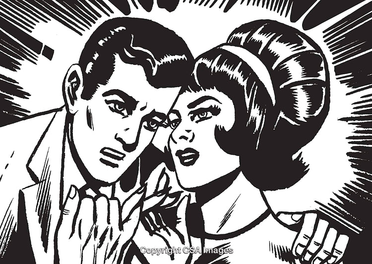 Retro Black and White Comic Illustration of a Concerned Couple