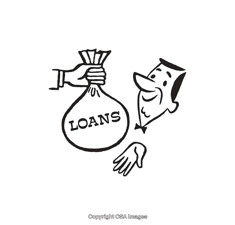 Retro Black and White Illustration Representing Loans and Financial Transactions