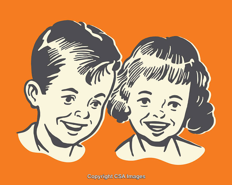 Vintage Cartoon Illustration of Smiling Boy and Girl on Orange Background