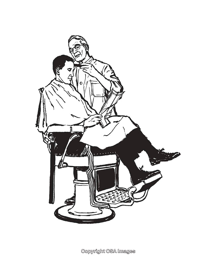Barber Giving Haircut to Customer in Vintage Barber Chair Illustration