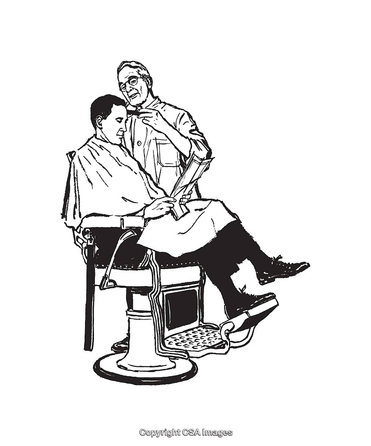 Barber Giving Haircut to Customer in Vintage Barber Chair Illustration