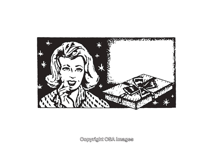 Retro Black and White Illustration of Woman with Gift Decoration