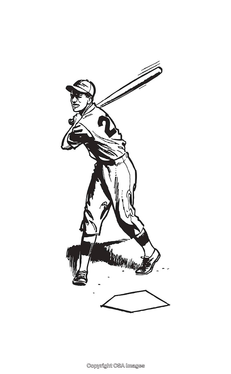 Vintage Line Art Illustration of a Baseball Player Swinging Bat