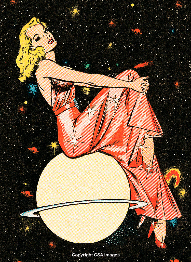 Vintage Sci-Fi Illustration of a Glamorous Woman in Outer Space