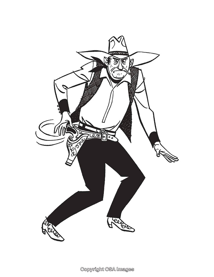 Black and White Line Art of Western Character in Motion