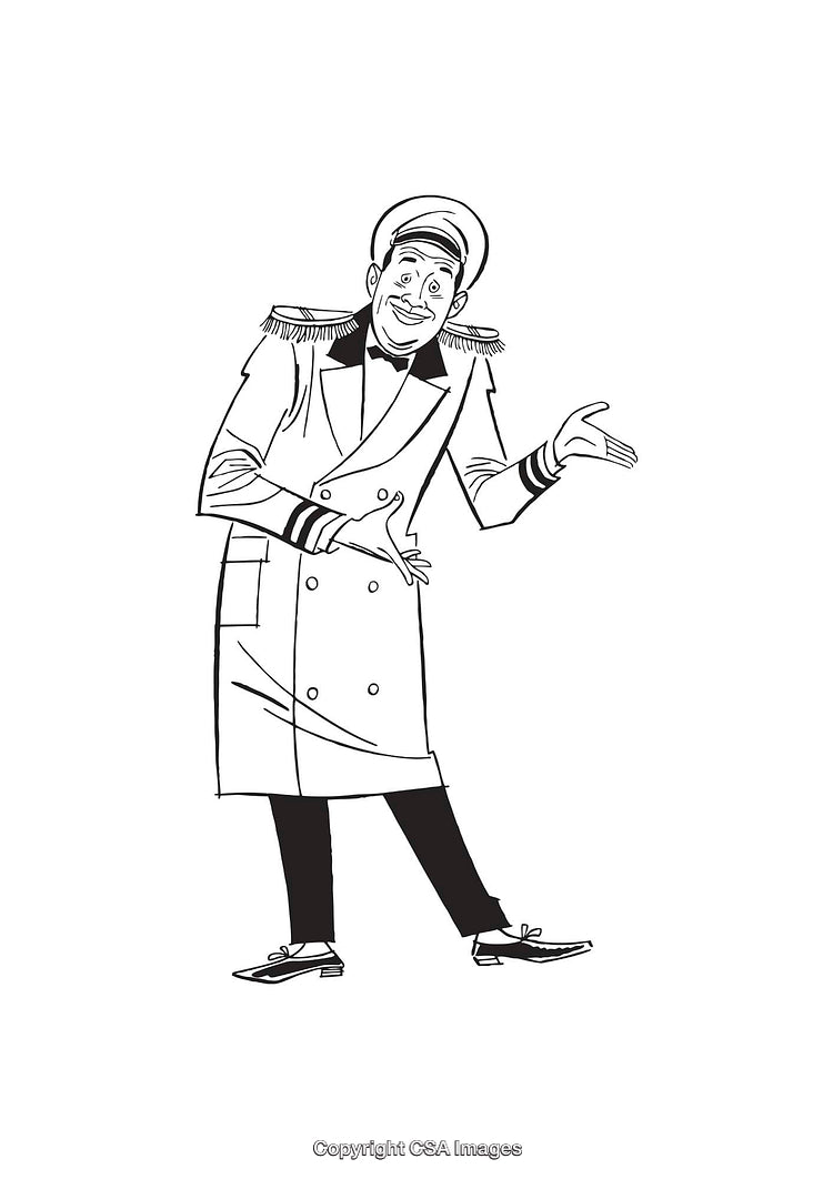 Black and White Line Art Drawing of a Person in Uniform Gesturing