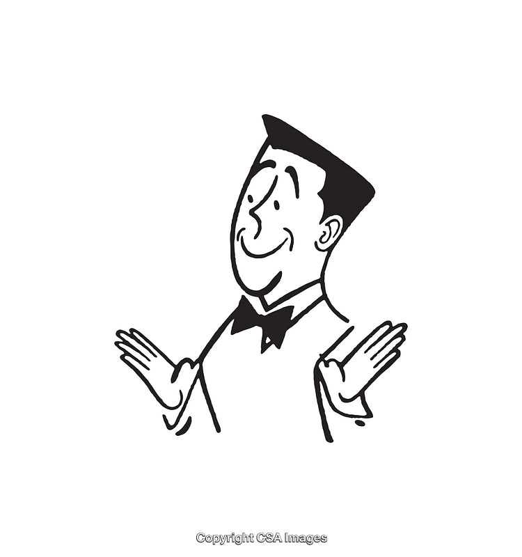 Vintage Black and White Line Art Illustration of a Smiling Character with Hands