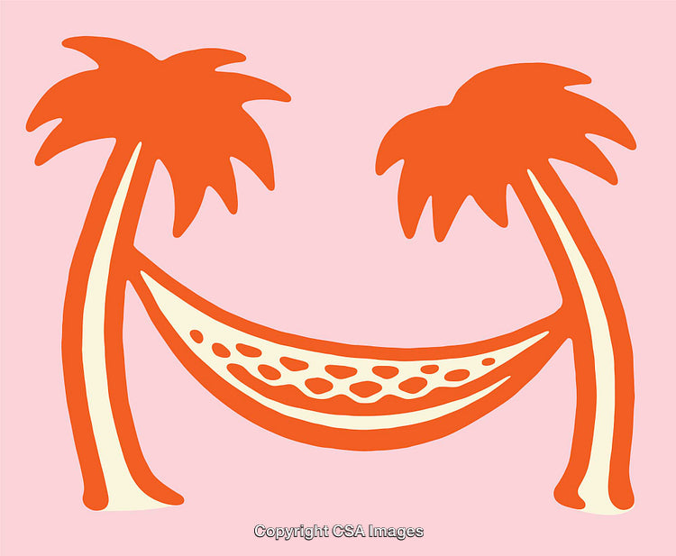 Colorful Illustration of Tropical Hammock Between Palm Trees on a Pink Background