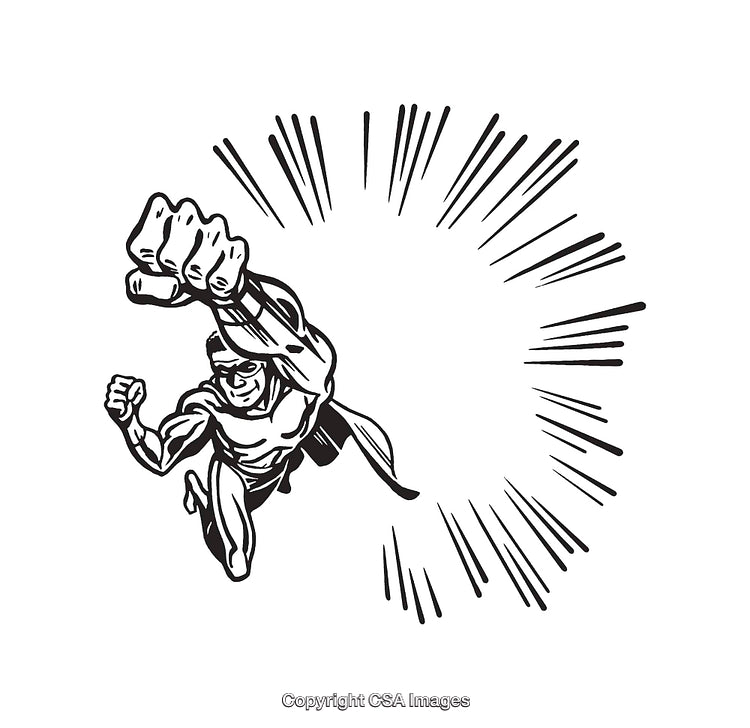 Dynamic Black And White Illustration of a Comic Style Hero Flying Forward