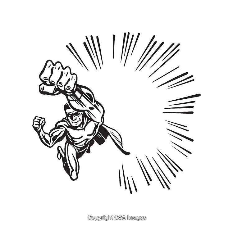 Dynamic Black And White Illustration of a Comic Style Hero Flying Forward