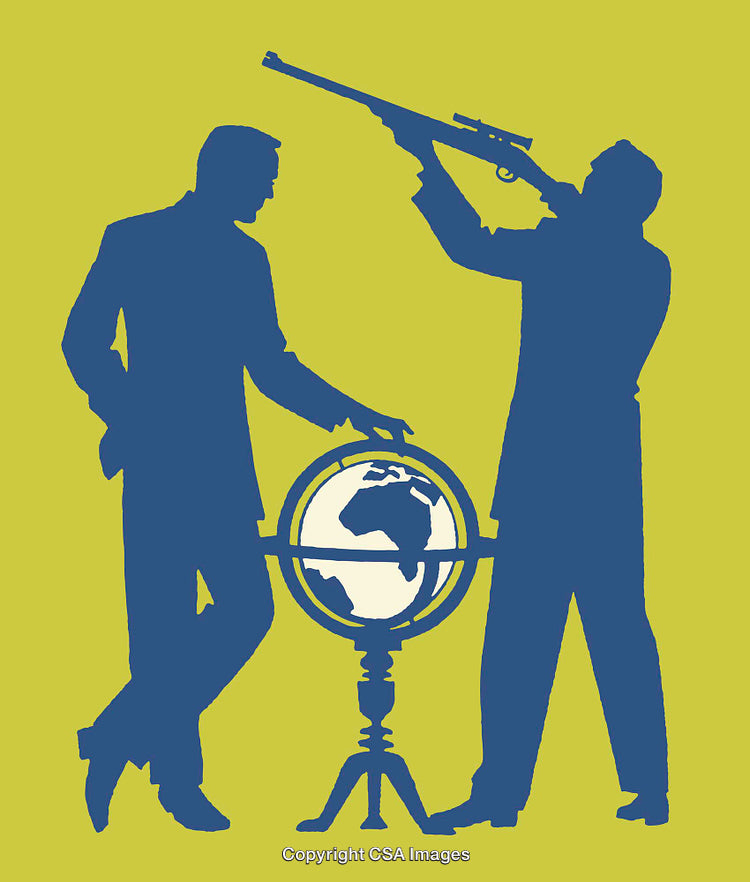 Silhouettes of Two Men with Globe and Telescope in Line Art Style