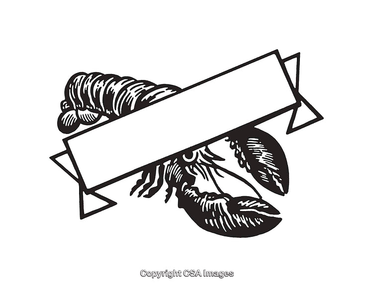 Black and White Lobster Line Art with Blank Ribbon Banner