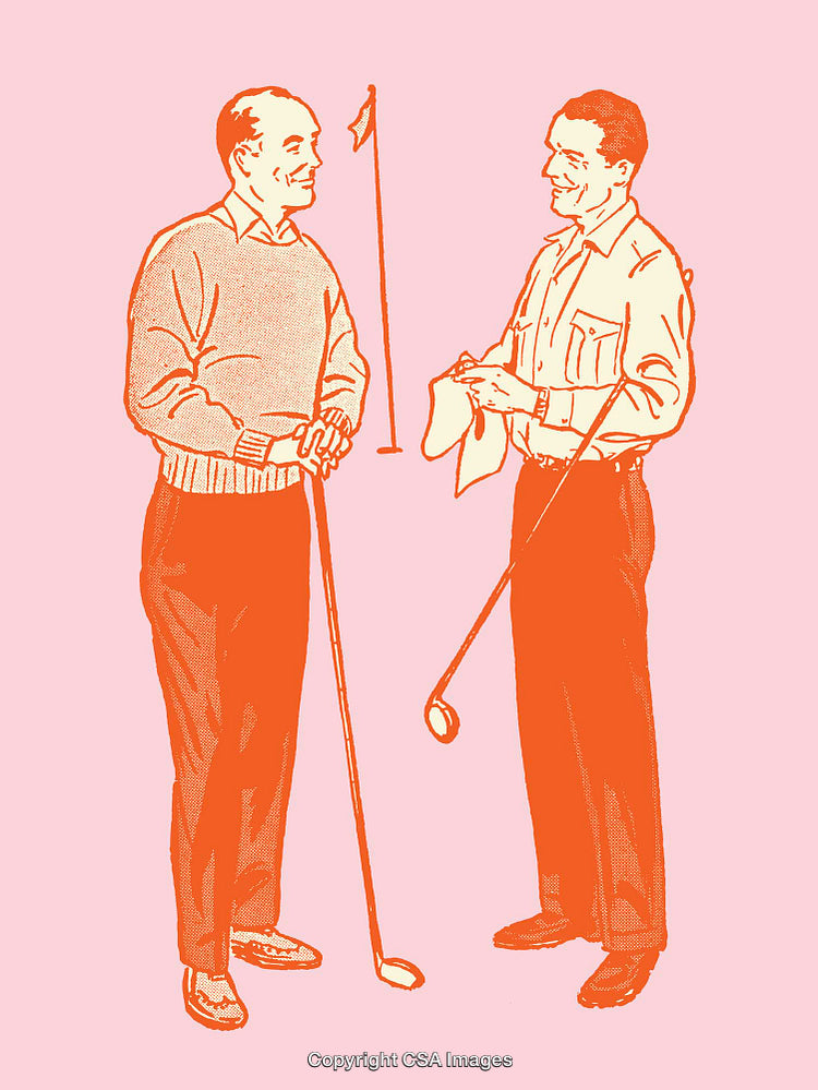 Vintage Style Illustration of Two Men Discussing on a Golf Course