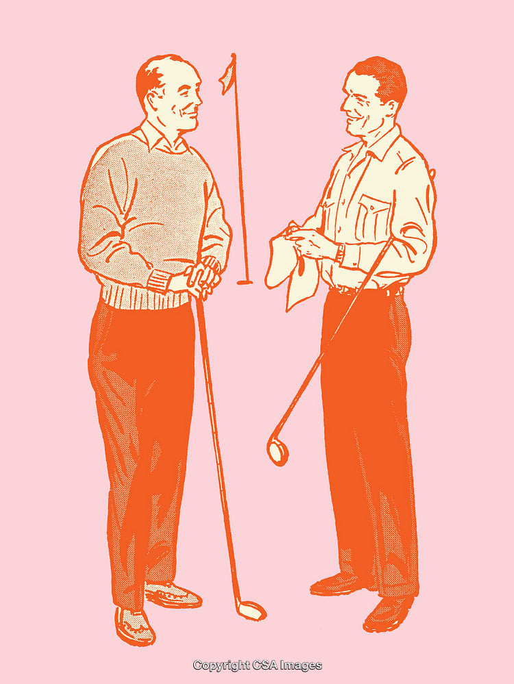 Vintage Style Illustration of Two Men Discussing on a Golf Course
