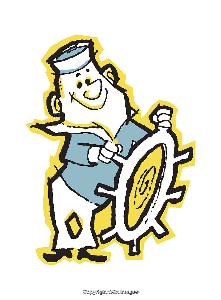 Cheerful Sailor Steering a Boat Wheel in Cartoon Style Illustration