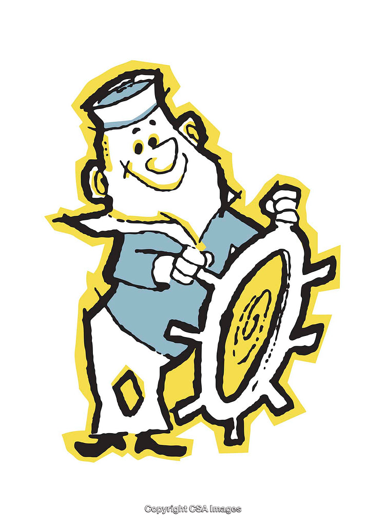 Cheerful Sailor Steering a Boat Wheel in Cartoon Style Illustration