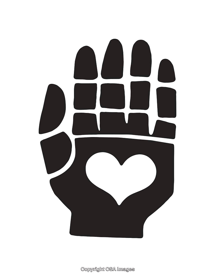 Black and White Hand Icon with Heart Symbol in Center