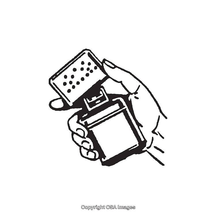 Hand Holding a Flip-Top Lighter in Black and White Line Art