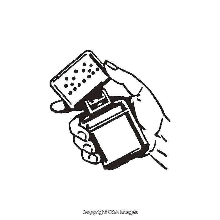 Hand Holding a Flip-Top Lighter in Black and White Line Art