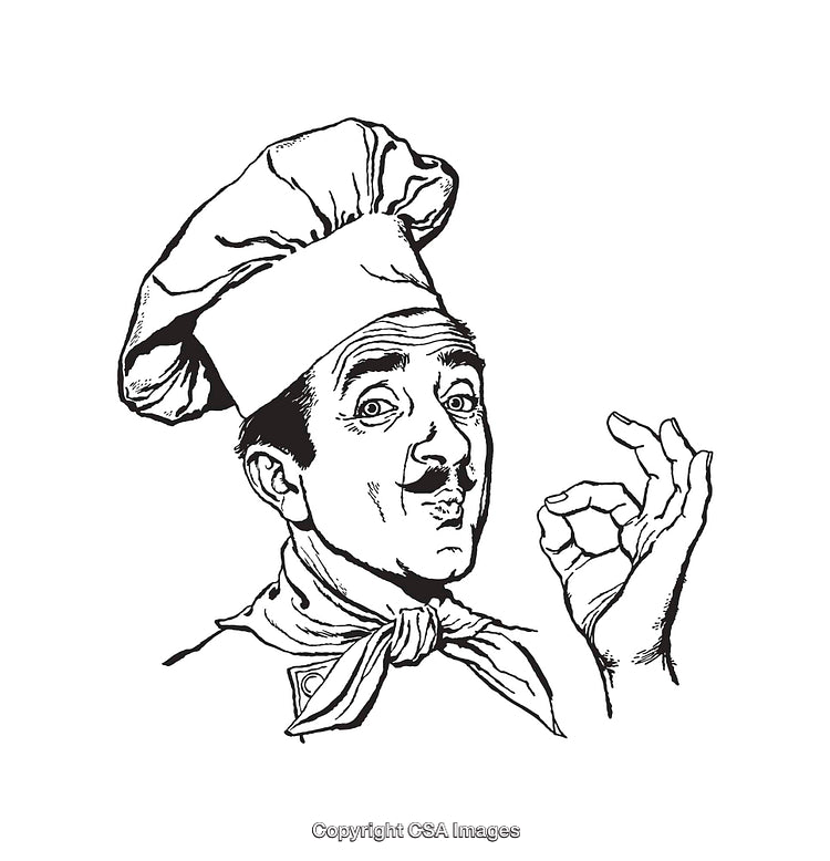 Black and White Illustration of a Chef in Cooking Gesture with Hat