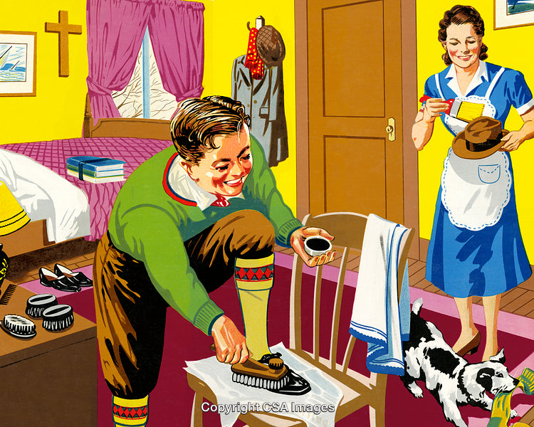 Retro Family Scene Depicting Shoe Polishing and Housekeeping Chores
