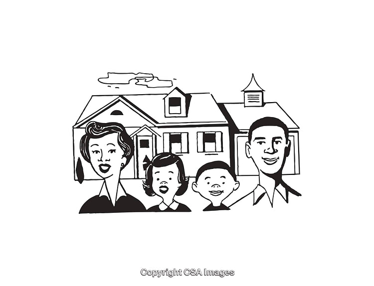 Illustration of a Happy Family Standing in Front of Their Home