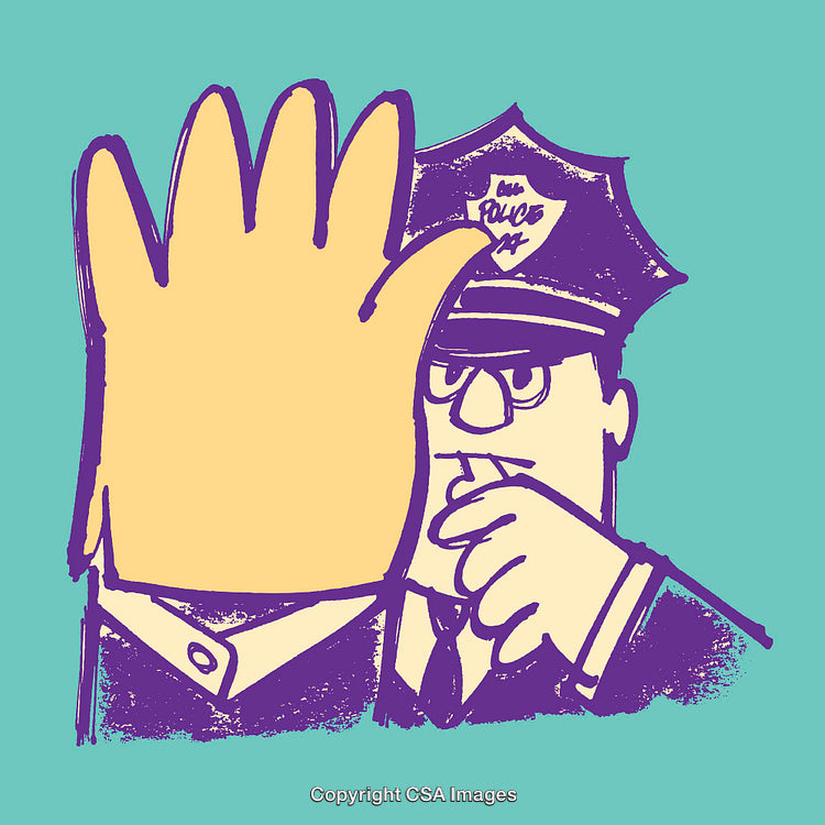 Cartoon Illustration of Police Officer and Hand Gesture on Teal Background