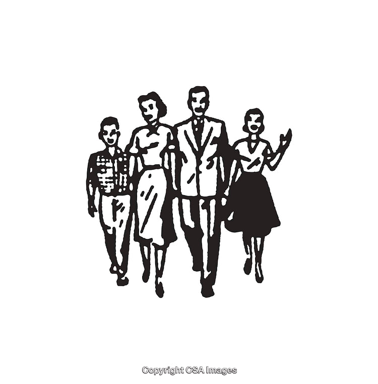 Retro Black-and-White Family Line Art Illustration Depicting Walking Scene