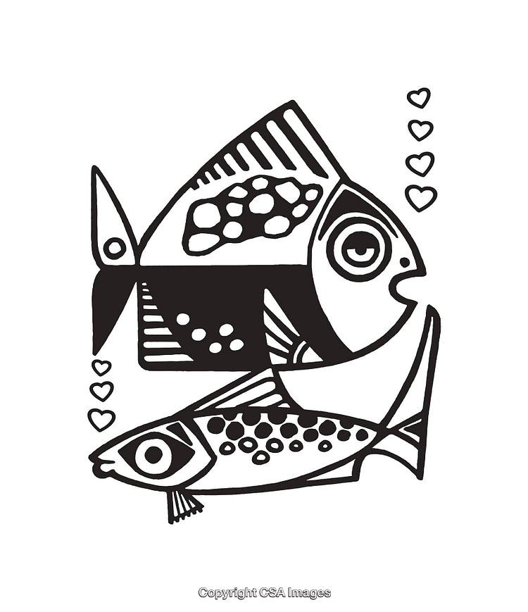 Black and White Line Art Featuring Two Fish and Heart Patterns