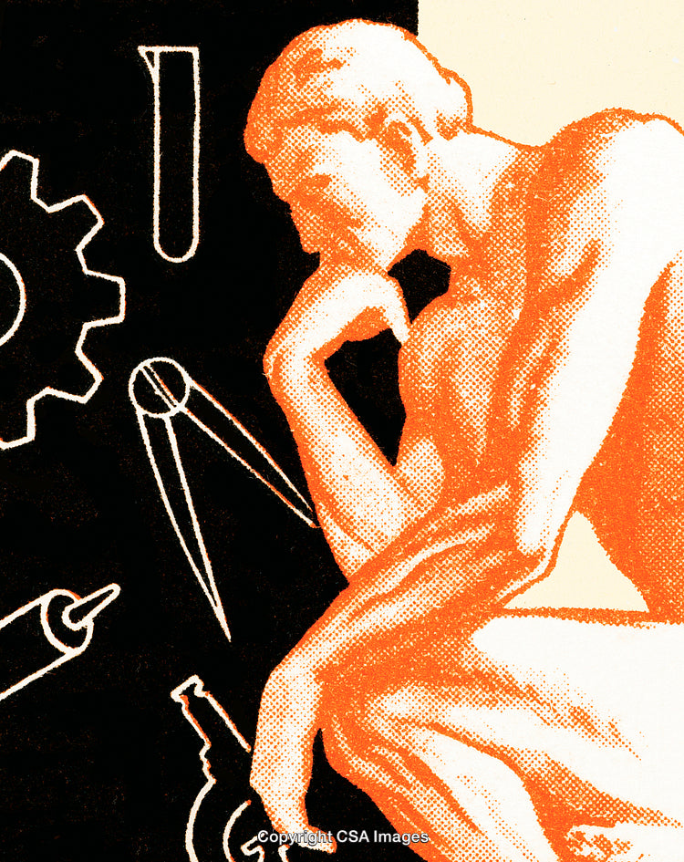 Retro Illustration of Thinker Surrounded by Science and Engineering Symbols
