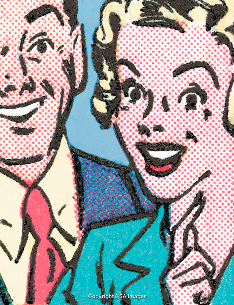 Retro Pop Art Illustration of Smiling Characters in Vibrant Comic Style