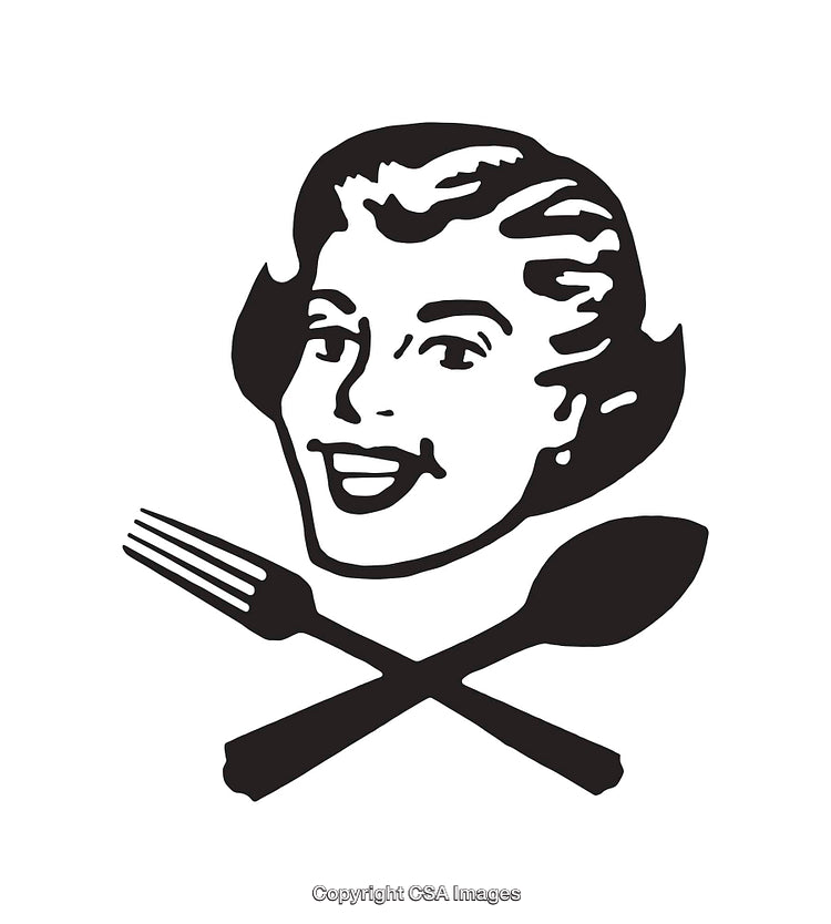 Black and White Line Art Illustration of Woman with Kitchen Utensils Symbol