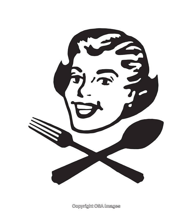 Black and White Line Art Illustration of Woman with Kitchen Utensils Symbol