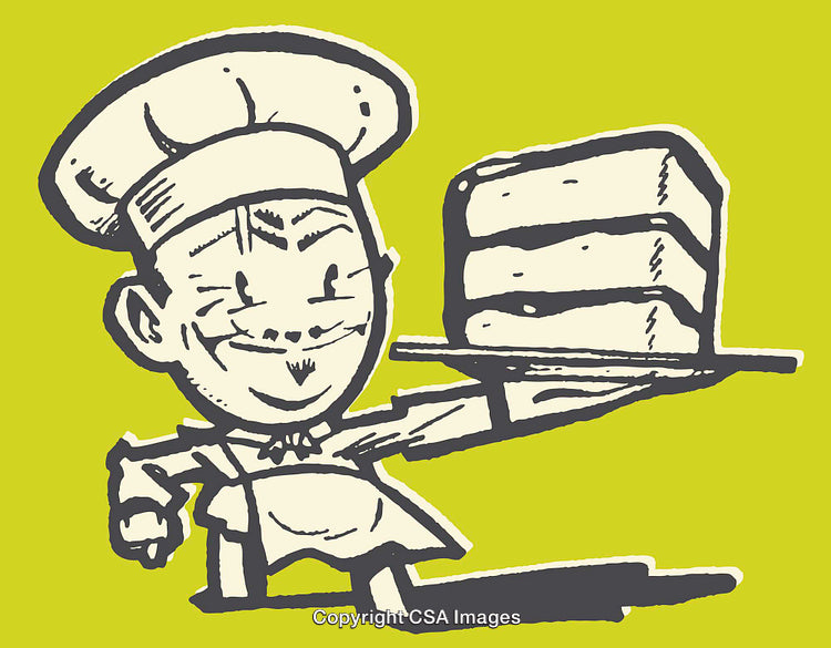 Cartoon Illustration of a Chef Holding a Cake on Tray