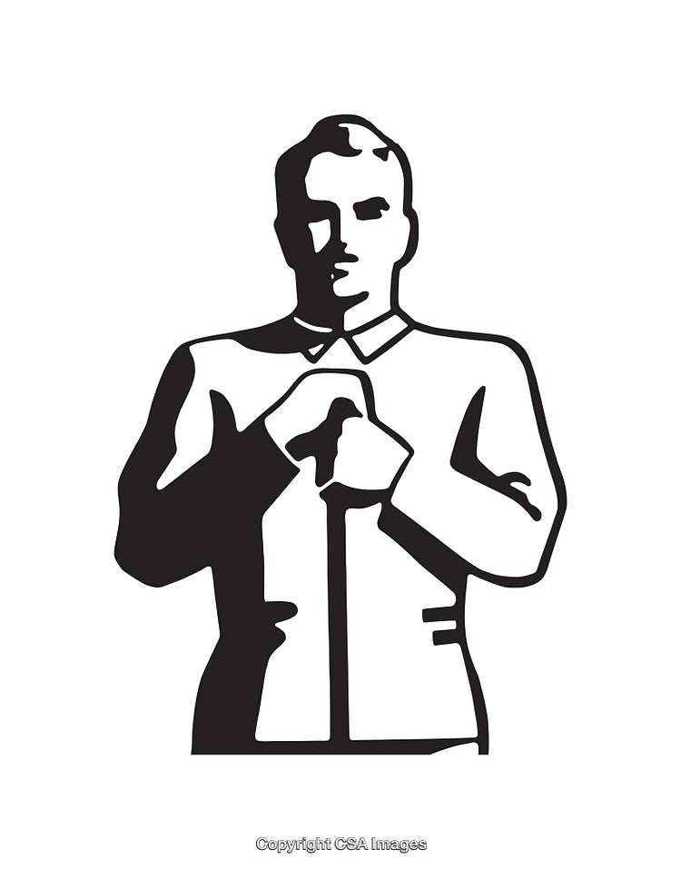 Black And White Illustration of Standing Man Fixing His Buttons
