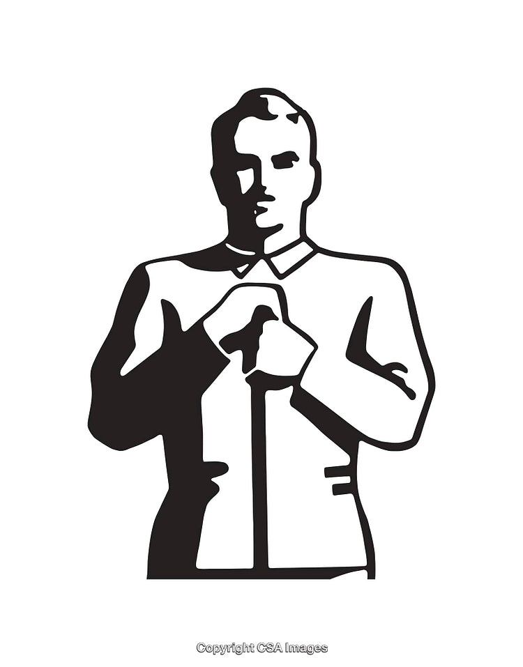 Black And White Illustration of Standing Man Fixing His Buttons