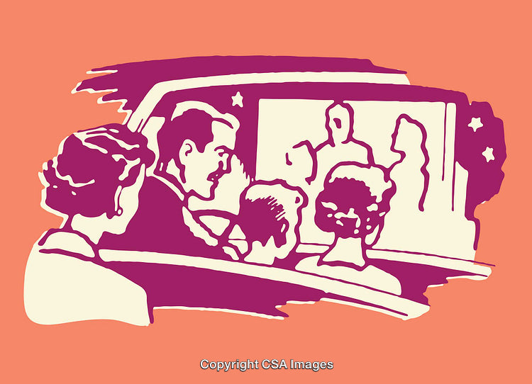 Vintage Drive-In Theater Illustration Depicting a Family Watching a Movie