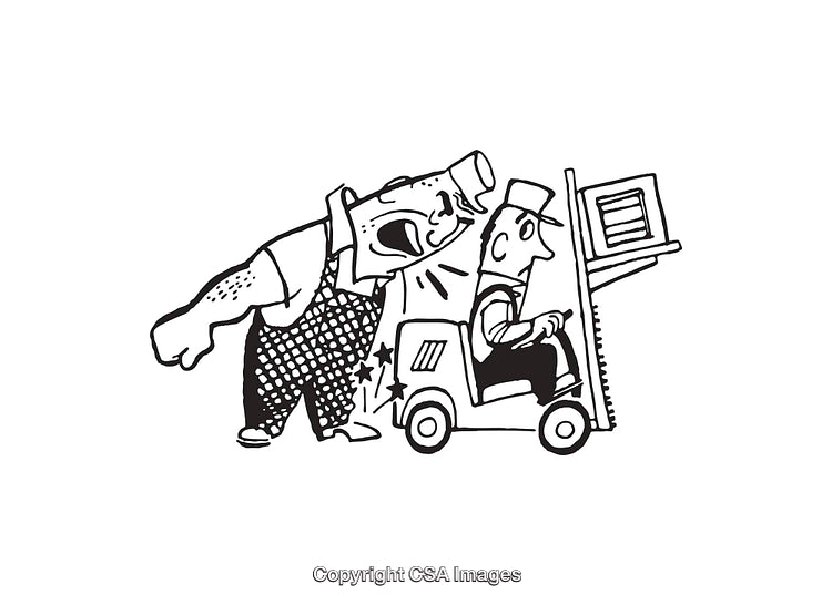 Humorous Black and White Forklift Cartoon Illustration Showing Frustration