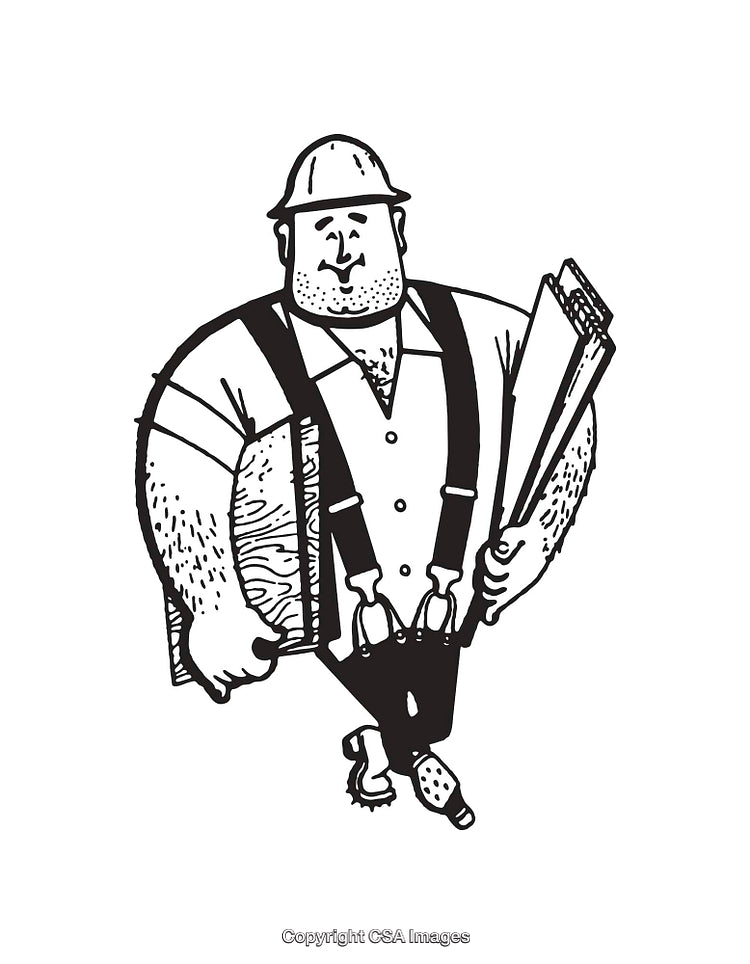 Black and White Illustration of a Worker Carrying Plan and Materials