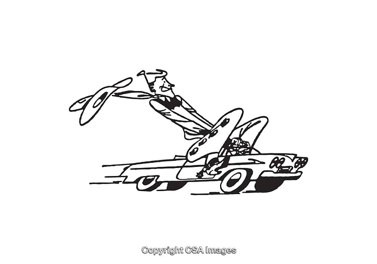 Cartoon Illustration of a Person Flying on a Remote-Controlled Toy Car