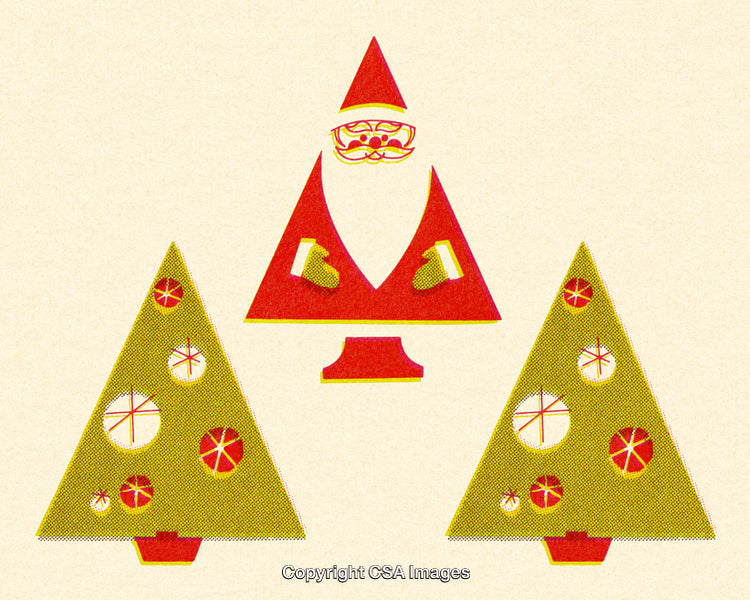 Vintage Christmas Illustration With Santa and Decorated Christmas Trees