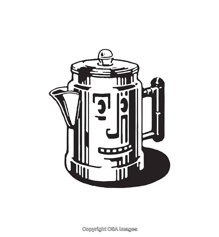 Smiling Coffee Pot Line Art Illustration in Black and White Style