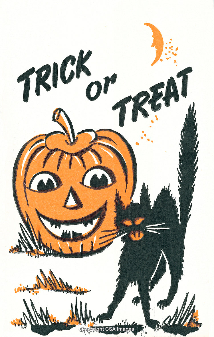 Vintage Halloween Illustration Featuring Jack-O'-Lantern and Black Cat