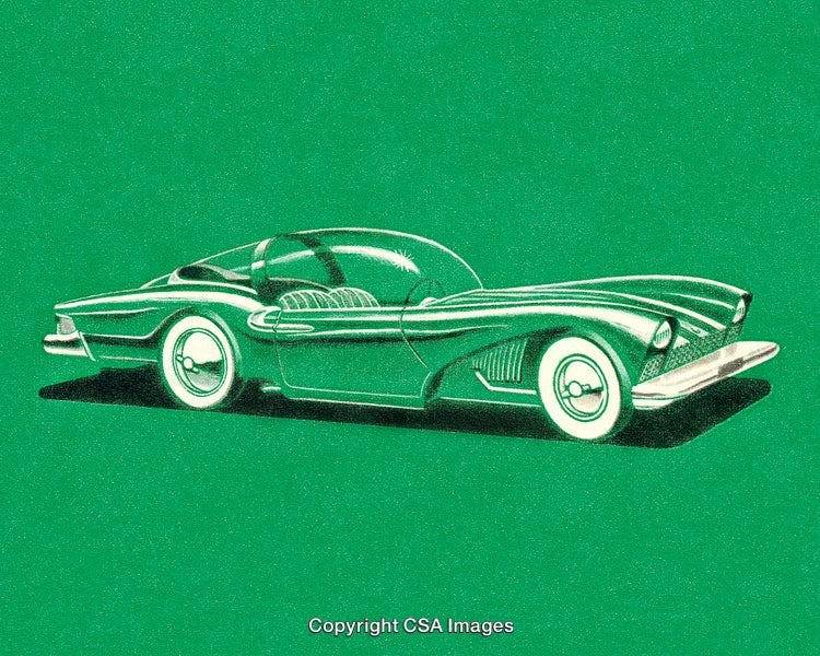 Retro Futuristic Concept Car on Green Background in Vintage Illustration Style