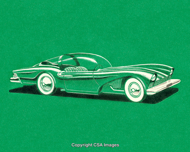 Retro Futuristic Concept Car on Green Background in Vintage Illustration Style